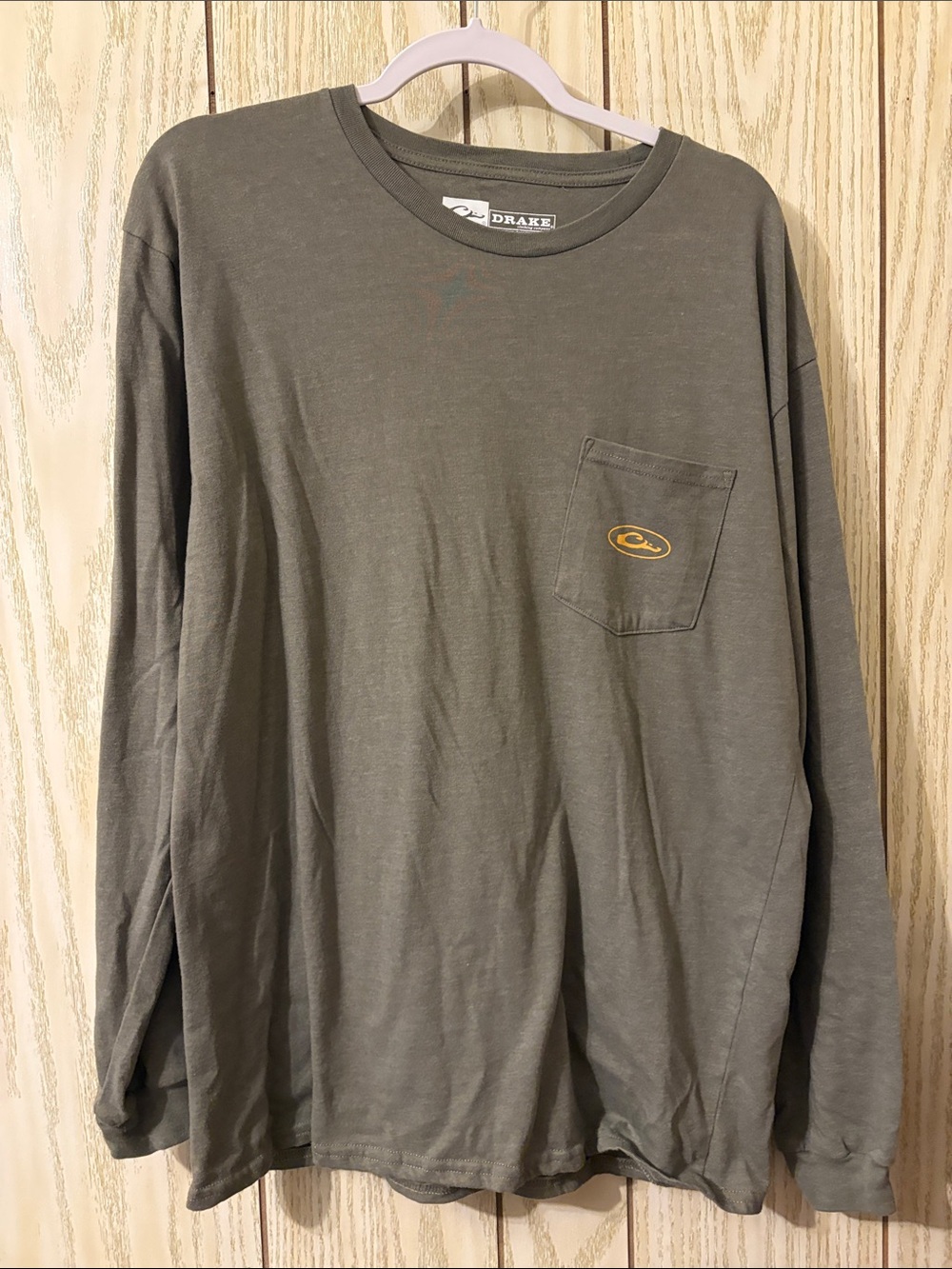Drake Olive Long Sleeve Pocket Tee with Small Yellow Logo